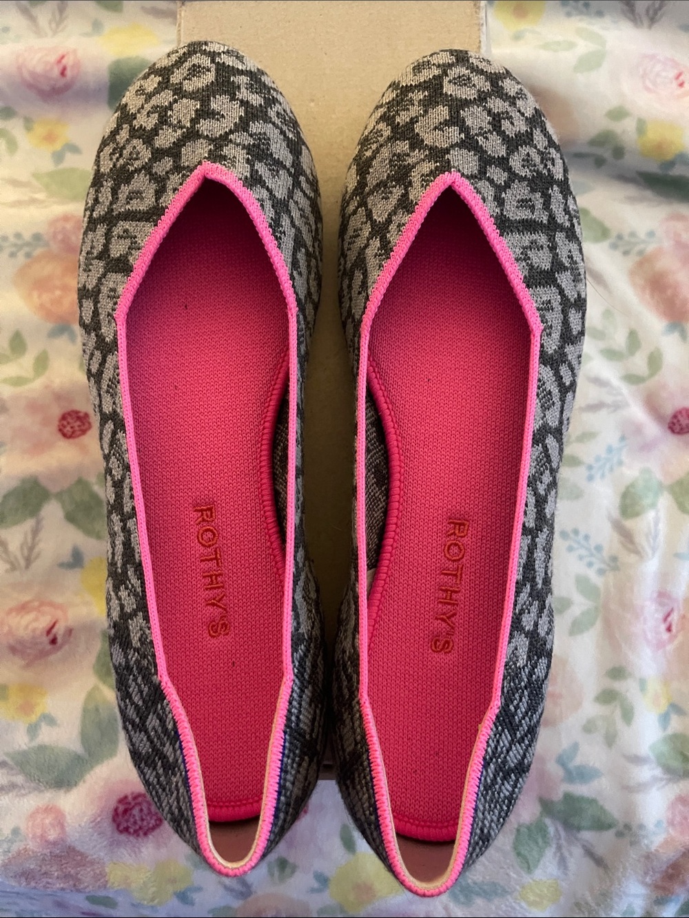 Rothy's Grey Patterned Ballet Flats with Pink Trim and Insole-Size 10